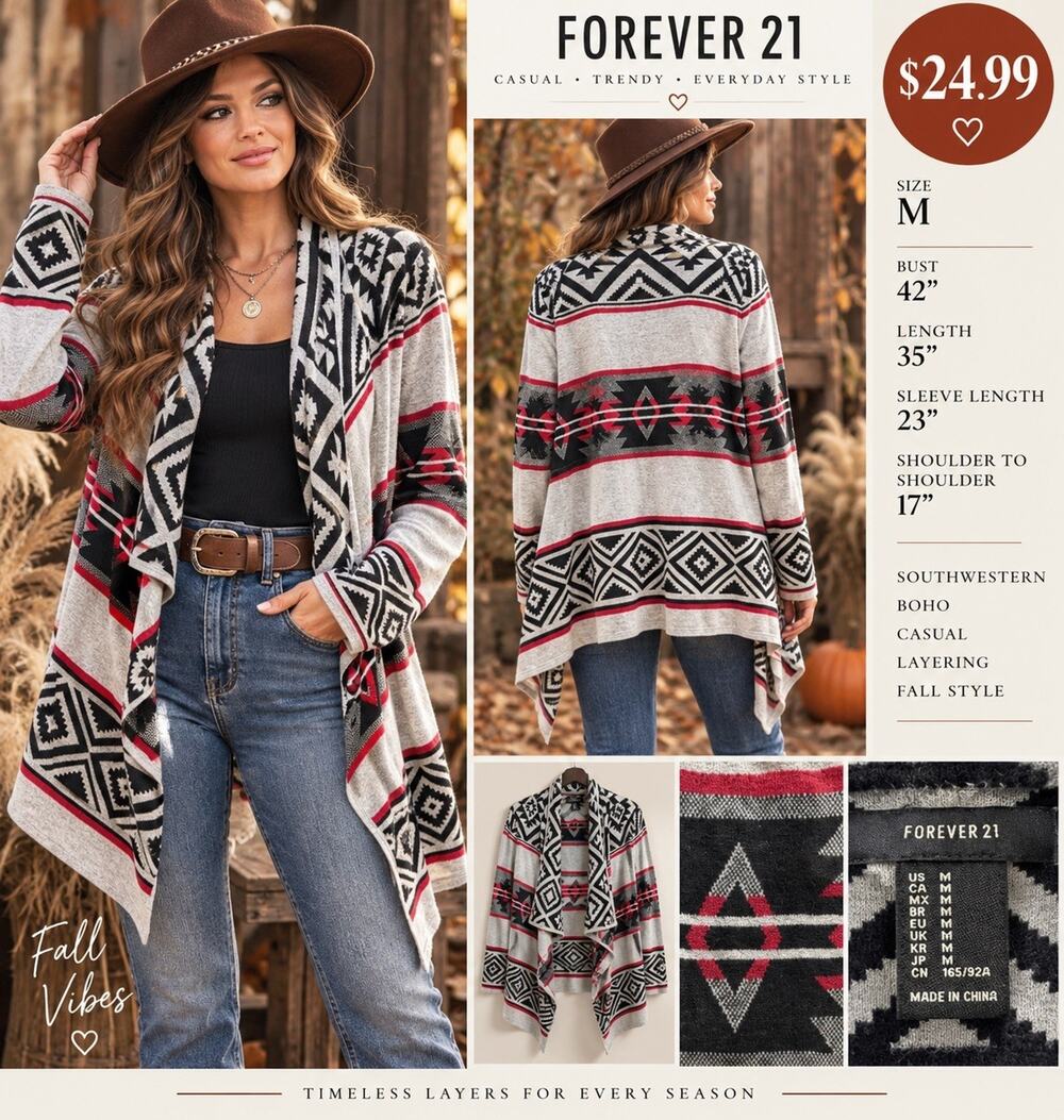 FOREVER 21 Womens M Open Front Knit Cardigan Sweater Geometric Gray Black Red